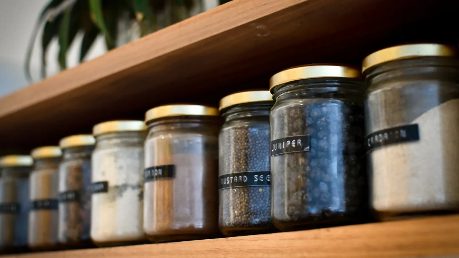 A row of labelled spice jars on a wooden kitchen shelf